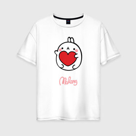 Женская футболка хлопок Oversize с принтом Кролик Моланг (сердце) в Екатеринбурге, 100% хлопок | свободный крой, круглый ворот, спущенный рукав, длина до линии бедер
 | Тематика изображения на принте: molang | каваи | кролик | любовь | моланг | сердце