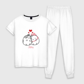 Женская пижама хлопок с принтом Кролик Моланг (любовь) в Екатеринбурге, 100% хлопок | брюки и футболка прямого кроя, без карманов, на брюках мягкая резинка на поясе и по низу штанин | molang | каваи | кролик | любовь | моланг