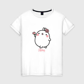 Женская футболка хлопок с принтом Кролик Моланг (цветы) в Екатеринбурге, 100% хлопок | прямой крой, круглый вырез горловины, длина до линии бедер, слегка спущенное плечо | molang | каваи | кролик | моланг | няша | цветы