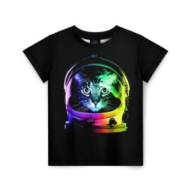 Детская футболка 3D с принтом Кот космонавт в Екатеринбурге, 100% гипоаллергенный полиэфир | прямой крой, круглый вырез горловины, длина до линии бедер, чуть спущенное плечо, ткань немного тянется | астронавт | звезды | космокот | космонавт | космос | кот | радуга