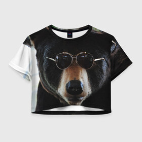Женская футболка 3D укороченная с принтом Медведь в очках в Екатеринбурге, 100% полиэстер | круглая горловина, длина футболки до линии талии, рукава с отворотами | животное | медведь | новая | очки | природа | стильная
