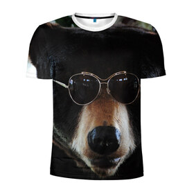 Мужская футболка 3D спортивная с принтом Медведь в очках в Екатеринбурге, 100% полиэстер с улучшенными характеристиками | приталенный силуэт, круглая горловина, широкие плечи, сужается к линии бедра | животное | медведь | новая | очки | природа | стильная