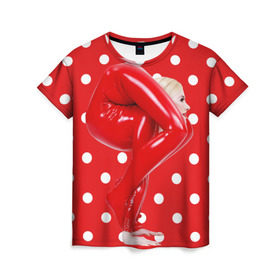 Женская футболка 3D с принтом Гибкость в Екатеринбурге, 100% полиэфир ( синтетическое хлопкоподобное полотно) | прямой крой, круглый вырез горловины, длина до линии бедер | белый | германия | гибкость | горошек | девушка | красный | латекс | юлия гюнтель