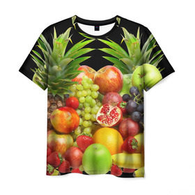 Мужская футболка 3D с принтом Фрукты в Екатеринбурге, 100% полиэфир | прямой крой, круглый вырез горловины, длина до линии бедер | Тематика изображения на принте: ананас | апельсин | арбуз | банан | виноград | гранат | груша | клубника | фрукты | яблоко | ягоды