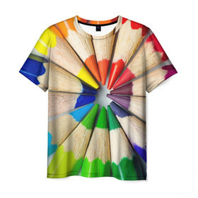 Мужская футболка 3D с принтом Карандаши в Екатеринбурге, 100% полиэфир | прямой крой, круглый вырез горловины, длина до линии бедер | карандаш | радуга | разноцветная | цветная