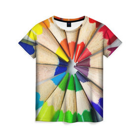 Женская футболка 3D с принтом Карандаши в Екатеринбурге, 100% полиэфир ( синтетическое хлопкоподобное полотно) | прямой крой, круглый вырез горловины, длина до линии бедер | карандаш | радуга | разноцветная | цветная
