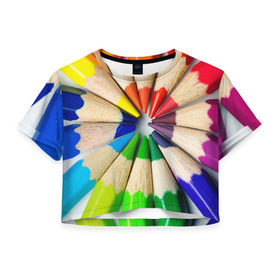 Женская футболка 3D укороченная с принтом Карандаши в Екатеринбурге, 100% полиэстер | круглая горловина, длина футболки до линии талии, рукава с отворотами | карандаш | радуга | разноцветная | цветная