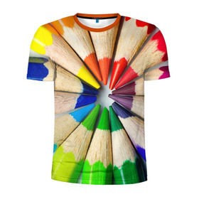Мужская футболка 3D спортивная с принтом Карандаши в Екатеринбурге, 100% полиэстер с улучшенными характеристиками | приталенный силуэт, круглая горловина, широкие плечи, сужается к линии бедра | карандаш | радуга | разноцветная | цветная