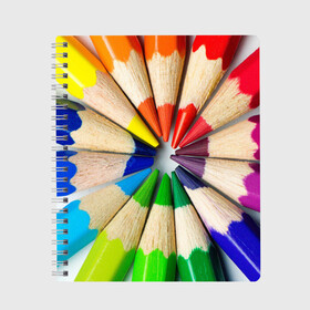 Тетрадь с принтом Карандаши в Екатеринбурге, 100% бумага | 48 листов, плотность листов — 60 г/м2, плотность картонной обложки — 250 г/м2. Листы скреплены сбоку удобной пружинной спиралью. Уголки страниц и обложки скругленные. Цвет линий — светло-серый
 | карандаш | радуга | разноцветная | цветная