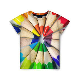 Детская футболка 3D с принтом Карандаши в Екатеринбурге, 100% гипоаллергенный полиэфир | прямой крой, круглый вырез горловины, длина до линии бедер, чуть спущенное плечо, ткань немного тянется | Тематика изображения на принте: карандаш | радуга | разноцветная | цветная