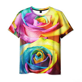 Мужская футболка 3D с принтом Радужная роза в Екатеринбурге, 100% полиэфир | прямой крой, круглый вырез горловины, длина до линии бедер | Тематика изображения на принте: бутон | лепестки | радуга | радужная роза | спектр | цвет | цветные | яркий