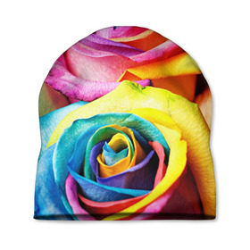 Шапка 3D с принтом Радужная роза в Екатеринбурге, 100% полиэстер | универсальный размер, печать по всей поверхности изделия | бутон | лепестки | радуга | радужная роза | спектр | цвет | цветные | яркий