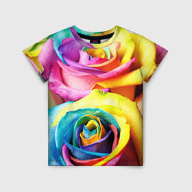 Детская футболка 3D с принтом Радужная роза в Екатеринбурге, 100% гипоаллергенный полиэфир | прямой крой, круглый вырез горловины, длина до линии бедер, чуть спущенное плечо, ткань немного тянется | Тематика изображения на принте: бутон | лепестки | радуга | радужная роза | спектр | цвет | цветные | яркий
