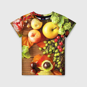 Детская футболка 3D с принтом Фрукты в Екатеринбурге, 100% гипоаллергенный полиэфир | прямой крой, круглый вырез горловины, длина до линии бедер, чуть спущенное плечо, ткань немного тянется | зелень | натюрморт | плоды | фрукты | яблоки | ягоды