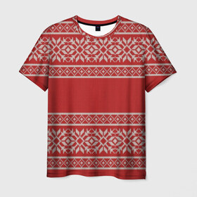 Мужская футболка 3D с принтом Вязанный принт в Екатеринбурге, 100% полиэфир | прямой крой, круглый вырез горловины, длина до линии бедер | Тематика изображения на принте: вышивка | красная | свитер | узор