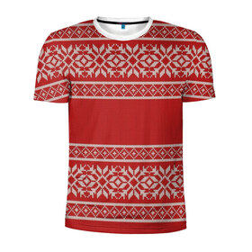 Мужская футболка 3D спортивная с принтом Вязанный принт в Екатеринбурге, 100% полиэстер с улучшенными характеристиками | приталенный силуэт, круглая горловина, широкие плечи, сужается к линии бедра | вышивка | красная | свитер | узор