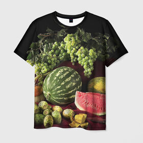 Мужская футболка 3D с принтом Арбуз в Екатеринбурге, 100% полиэфир | прямой крой, круглый вырез горловины, длина до линии бедер | арбуз | виноград | каштан | натюрморт | плоды | ягоды