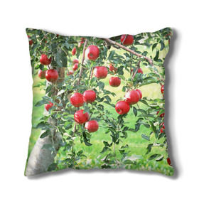 Подушка 3D с принтом Яблоки в Екатеринбурге, наволочка – 100% полиэстер, наполнитель – холлофайбер (легкий наполнитель, не вызывает аллергию). | состоит из подушки и наволочки. Наволочка на молнии, легко снимается для стирки | дерево | зелень | красные | сад | яблоки