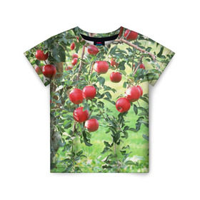 Детская футболка 3D с принтом Яблоки в Екатеринбурге, 100% гипоаллергенный полиэфир | прямой крой, круглый вырез горловины, длина до линии бедер, чуть спущенное плечо, ткань немного тянется | дерево | зелень | красные | сад | яблоки