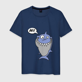 Мужская футболка хлопок с принтом Акула в Екатеринбурге, 100% хлопок | прямой крой, круглый вырез горловины, длина до линии бедер, слегка спущенное плечо. | hi | shark | привет