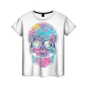 Женская футболка 3D с принтом Цветной череп с узорами в Екатеринбурге, 100% полиэфир ( синтетическое хлопкоподобное полотно) | прямой крой, круглый вырез горловины, длина до линии бедер | кости | скелет | узор | цветной | череп