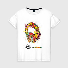 Женская футболка хлопок с принтом Цветные наушники в Екатеринбурге, 100% хлопок | прямой крой, круглый вырез горловины, длина до линии бедер, слегка спущенное плечо | 