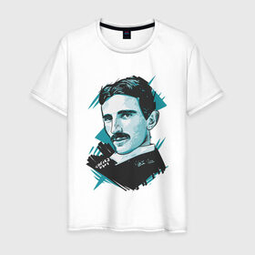 Мужская футболка хлопок с принтом Тесла в Екатеринбурге, 100% хлопок | прямой крой, круглый вырез горловины, длина до линии бедер, слегка спущенное плечо. | графика | никола тесла | портрет | электричество