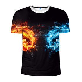 Мужская футболка 3D спортивная с принтом Лёд и пламя в Екатеринбурге, 100% полиэстер с улучшенными характеристиками | приталенный силуэт, круглая горловина, широкие плечи, сужается к линии бедра | вода | красный | лёд и пламя | огонь | руки | синий | столкновение | удар
