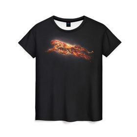Женская футболка 3D с принтом Ягуар в Екатеринбурге, 100% полиэфир ( синтетическое хлопкоподобное полотно) | прямой крой, круглый вырез горловины, длина до линии бедер | бег | желтый | кот | кошка | красный | огненный | прыжок | свет | светящийся | темный | черный | ягуар | яркое