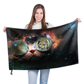 Флаг 3D с принтом Гагарин 3 в Екатеринбурге, 100% полиэстер | плотность ткани — 95 г/м2, размер — 67 х 109 см. Принт наносится с одной стороны | 12 апреля | гагарин | день космонавтики | космонавт | космонавтика | космос | юра | юрий