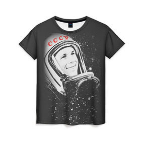 Женская футболка 3D с принтом Гагарин 6 в Екатеринбурге, 100% полиэфир ( синтетическое хлопкоподобное полотно) | прямой крой, круглый вырез горловины, длина до линии бедер | 12 апреля | гагарин | день космонавтики | космонавт | космонавтика | космос | юра | юрий