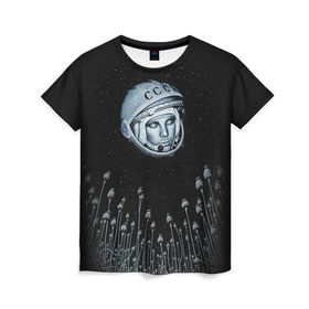 Женская футболка 3D с принтом Гагарин 7 в Екатеринбурге, 100% полиэфир ( синтетическое хлопкоподобное полотно) | прямой крой, круглый вырез горловины, длина до линии бедер | 12 апреля | гагарин | день космонавтики | космонавт | космонавтика | космос | юра | юрий