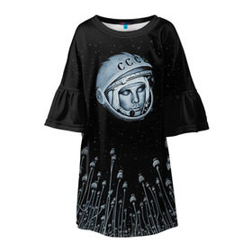 Детское платье 3D с принтом Гагарин 7 в Екатеринбурге, 100% полиэстер | прямой силуэт, чуть расширенный к низу. Круглая горловина, на рукавах — воланы | 12 апреля | гагарин | день космонавтики | космонавт | космонавтика | космос | юра | юрий
