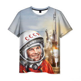 Мужская футболка 3D с принтом Гагарин 8 в Екатеринбурге, 100% полиэфир | прямой крой, круглый вырез горловины, длина до линии бедер | 12 апреля | гагарин | день космонавтики | космонавт | космонавтика | космос | юра | юрий