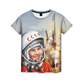 Женская футболка 3D с принтом Гагарин 8 в Екатеринбурге, 100% полиэфир ( синтетическое хлопкоподобное полотно) | прямой крой, круглый вырез горловины, длина до линии бедер | 12 апреля | гагарин | день космонавтики | космонавт | космонавтика | космос | юра | юрий