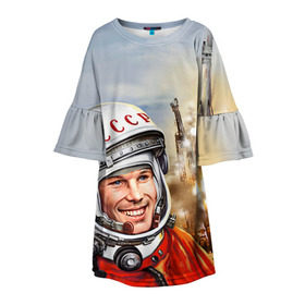 Детское платье 3D с принтом Гагарин 8 в Екатеринбурге, 100% полиэстер | прямой силуэт, чуть расширенный к низу. Круглая горловина, на рукавах — воланы | 12 апреля | гагарин | день космонавтики | космонавт | космонавтика | космос | юра | юрий