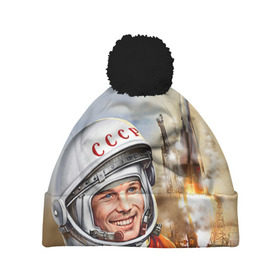 Шапка 3D c помпоном с принтом Гагарин 8 в Екатеринбурге, 100% полиэстер | универсальный размер, печать по всей поверхности изделия | 12 апреля | гагарин | день космонавтики | космонавт | космонавтика | космос | юра | юрий