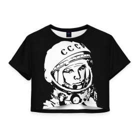 Женская футболка 3D укороченная с принтом Гагарин 9 в Екатеринбурге, 100% полиэстер | круглая горловина, длина футболки до линии талии, рукава с отворотами | 12 апреля | гагарин | день космонавтики | космонавт | космонавтика | космос | юра | юрий