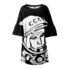 Детское платье 3D с принтом Гагарин 9 в Екатеринбурге, 100% полиэстер | прямой силуэт, чуть расширенный к низу. Круглая горловина, на рукавах — воланы | 12 апреля | гагарин | день космонавтики | космонавт | космонавтика | космос | юра | юрий