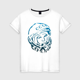 Женская футболка хлопок с принтом Гагарин 11 в Екатеринбурге, 100% хлопок | прямой крой, круглый вырез горловины, длина до линии бедер, слегка спущенное плечо | 12 апреля | гагарин | день космонавтики | космонавт | космонавтика | космос | юра | юрий