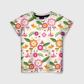 Детская футболка 3D с принтом Весенние настроение в Екатеринбурге, 100% гипоаллергенный полиэфир | прямой крой, круглый вырез горловины, длина до линии бедер, чуть спущенное плечо, ткань немного тянется | весна | птицы | цветы