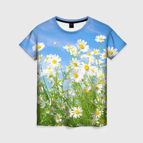 Женская футболка 3D с принтом Ромашки в Екатеринбурге, 100% полиэфир ( синтетическое хлопкоподобное полотно) | прямой крой, круглый вырез горловины, длина до линии бедер | луг | цветы