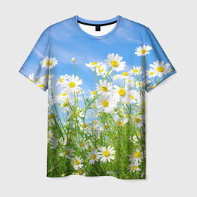 Мужская футболка 3D с принтом Ромашки в Екатеринбурге, 100% полиэфир | прямой крой, круглый вырез горловины, длина до линии бедер | луг | цветы