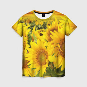 Женская футболка 3D с принтом Подсолнухи в Екатеринбурге, 100% полиэфир ( синтетическое хлопкоподобное полотно) | прямой крой, круглый вырез горловины, длина до линии бедер | желтый | солнце | цветок | яркий