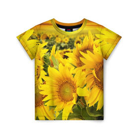Детская футболка 3D с принтом Подсолнухи в Екатеринбурге, 100% гипоаллергенный полиэфир | прямой крой, круглый вырез горловины, длина до линии бедер, чуть спущенное плечо, ткань немного тянется | желтый | солнце | цветок | яркий