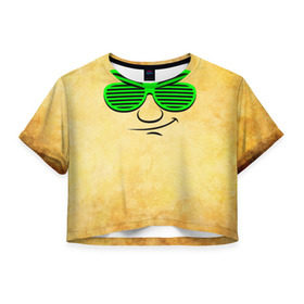 Женская футболка 3D укороченная с принтом Знатный клаббер в Екатеринбурге, 100% полиэстер | круглая горловина, длина футболки до линии талии, рукава с отворотами | веселье | кислота | клаббер | клуб | мордочка | очки | позитив | прикол | рожица | смайл | смех | улыбка | умора | хорошее настроение | юмор