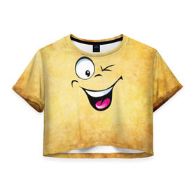 Женская футболка 3D укороченная с принтом Неисчерпаемый позитив в Екатеринбурге, 100% полиэстер | круглая горловина, длина футболки до линии талии, рукава с отворотами | веселье | мордочка | неисчерпаемый позитив | позитив | прикол | рожица | смайл | смех | улыбка | умора | хорошее настроение | юмор