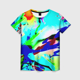 Женская футболка 3D с принтом Цветные краски в Екатеринбурге, 100% полиэфир ( синтетическое хлопкоподобное полотно) | прямой крой, круглый вырез горловины, длина до линии бедер | абстракция красок | гранж | краска | разводы | текстуры | цветные