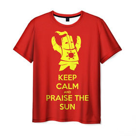 Мужская футболка 3D с принтом Keep calm and praise the sun в Екатеринбурге, 100% полиэфир | прямой крой, круглый вырез горловины, длина до линии бедер | dark souls