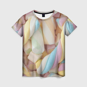 Женская футболка 3D с принтом Зефир в Екатеринбурге, 100% полиэфир ( синтетическое хлопкоподобное полотно) | прямой крой, круглый вырез горловины, длина до линии бедер | candy | еда | зефир | конфеты | мармелад | сладкое